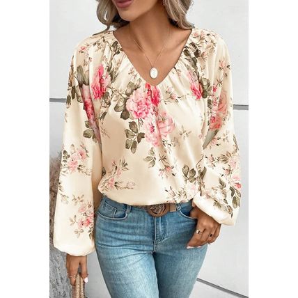 Beige Floral Print Lantern Sleeve V-Neck Blouse