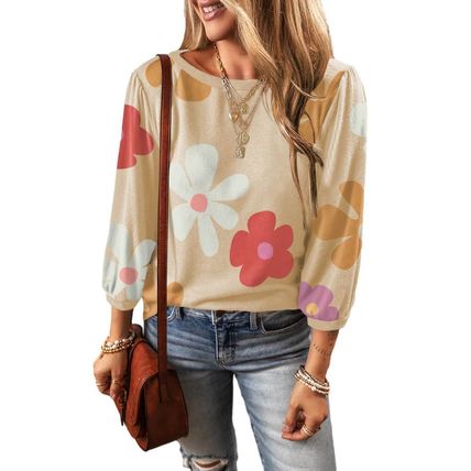 Apricot Cute Flower Print Bracelet Sleeve Top