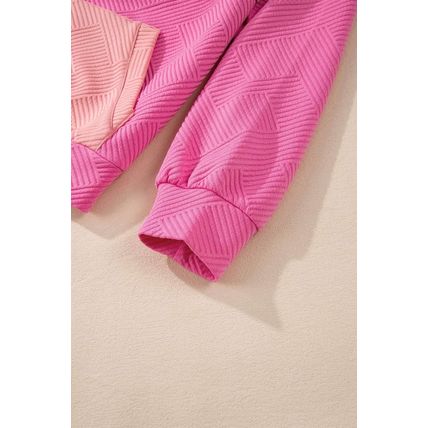 Pink Textured Color Block Kangaroo Pocket Drop Shoulder Hoodie