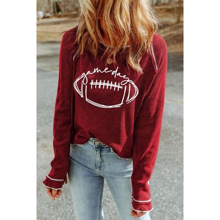 Red Game Day Rugby Football Graphic Thermal Knit Top
