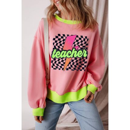Pink Teacher Lightning Checkered Print Color Block Sweatshirt