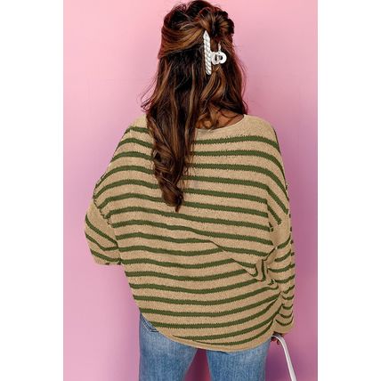 Khaki Stripe Drop Shoulder Casual Sweater