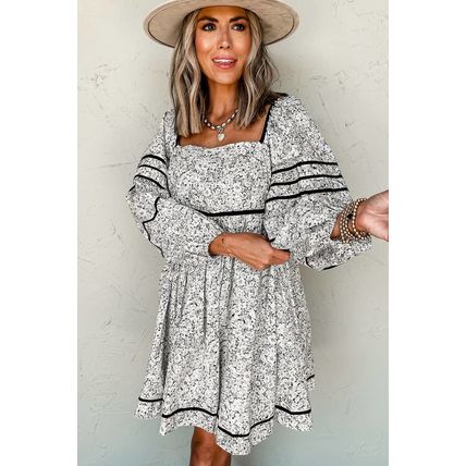 Gray Floral Print Open Back Balloon Sleeve Square Neck Mini Dress