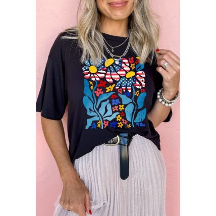 Black USA Flag Flower Graphic Drop Shoulder T Shirt