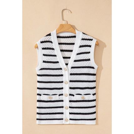 Black Stripe V Neck Gold Buttons Elegant Sweater Vest