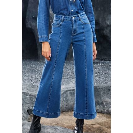 Dark Blue Plain Seam Detail Flared Bottom Ankle Length Jeans
