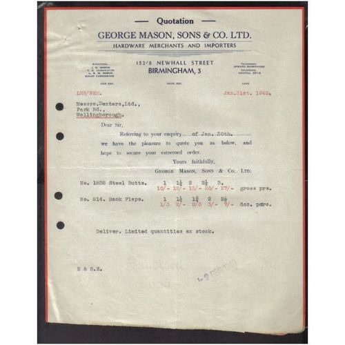 GEORGE MASON SONS & CO LTD,ASTON,BIRMINGHAM , 31JAN1940