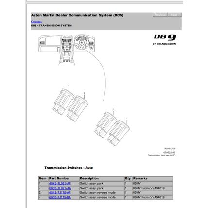 Aston Martin DB9 Parts List 000200-C1 2007 PDF