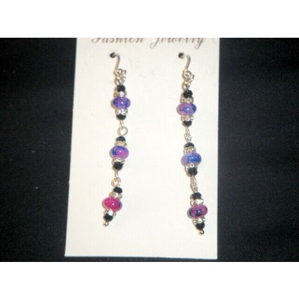 Black purple blend & clear crystal spacer 925 silver hook earrings