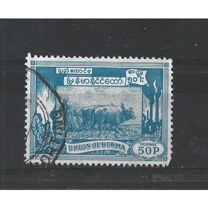 Burma.SG146 50p Ploughing paddy field with oxen (Blue).Fine Used.Jul25j
