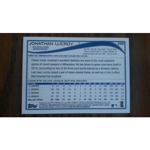 2014 Topps Card # 285 Jonathan Lucroy Mint (9) Milwaukee Brewers