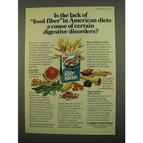 1975 Nabisco 100% Bran Cereal Ad - Lack of Food Fiber