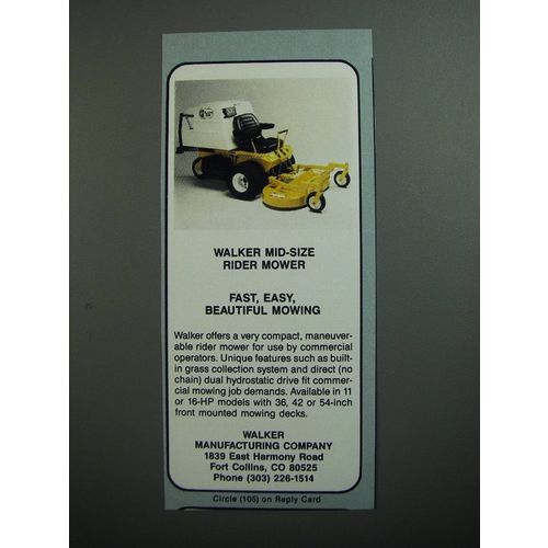 1989 Walker Mid-Size Rider Mower Ad - Fast, Easy Beautiful Mowing