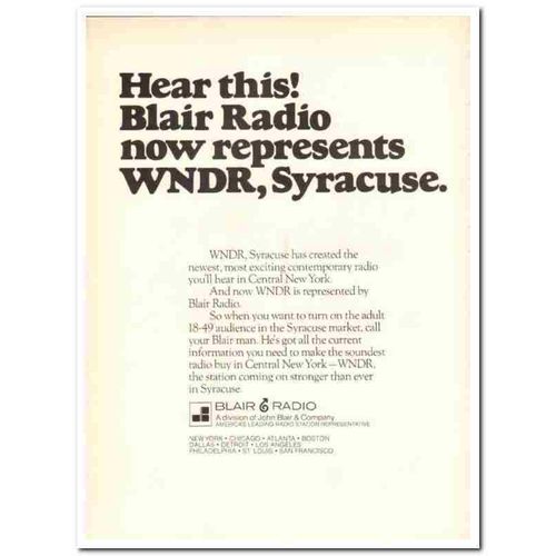 JOHN BLAIR COMPANY 1973 WNDR Syracuse New York radio media vintage ad