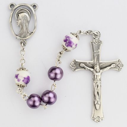 Purple Pearl Rosary with Ceramic Flower Beads, Silver Oxidized Center & Crucifix
