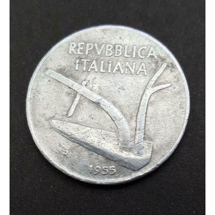 1955 Italian 10 Lire Wheat/Plow coin in Very Good-Fine Condition Roma mint
