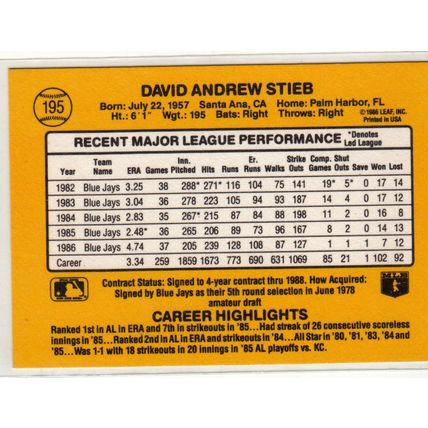 1987 Donruss Dave Stieb baseball card #195 – Blue Jays