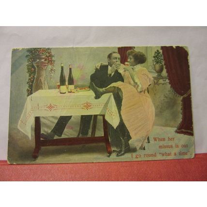 HER MISSUS IS OUT humour used antique postcard c.1904 #