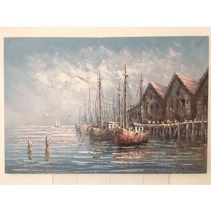 Original Oil Painting On Canvas Fishing Sailing Boats At Boatyard Dock