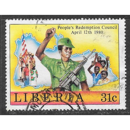 LIBERIA 1980 REDEMPTION COUNCIL SOLDIER GUN SALUTE FIST FLAG PEOPLE WAVING USED