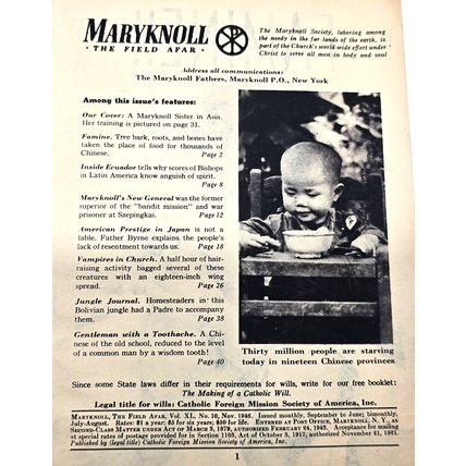 Maryknoll The Field Afar Mag. Booklet Nov. 1946 Catholic Mission Vol. XL #10 HTF