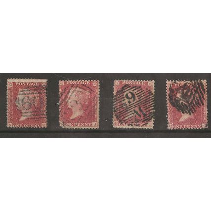 Sg 38, 1d red-star LC Perf 14 Die 2 Alpha 3. 4 stamps. Plates 43, 56, 57, & 59