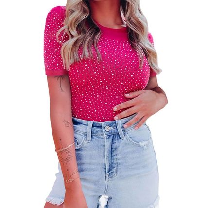 Rose Rhinestone Allover Round Neck Short Sleeve Bodysuit