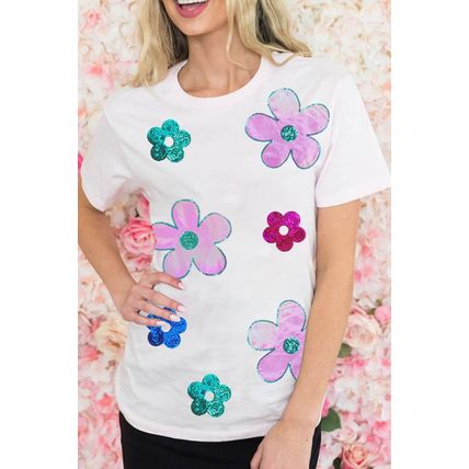 White Sequined Flower Pattern Round Neck T Shirt