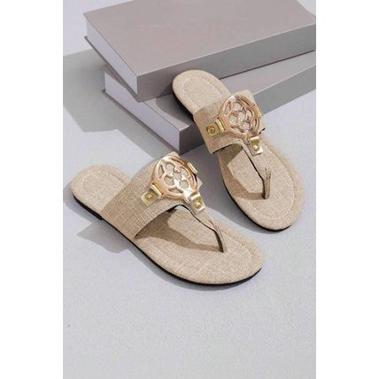 Beige Metal Décor Leather Thong Slippers