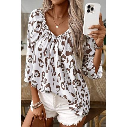 Khaki Leopard Print Ruched V Neck 3/4 Sleeve Blouse
