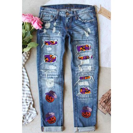 Sky Blue Sequin Pumpkin Patched Distressed Straight Leg Jeans