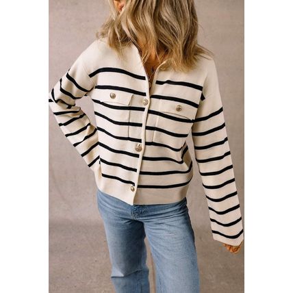 Black Stripe Flap Pocket Buttoned Cardigan Sweater