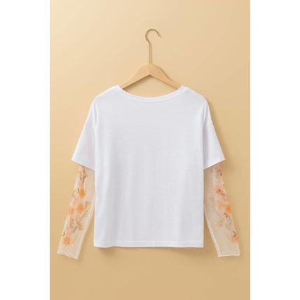White Faux Two Piece Floral Long Sleeve Patchwork Tee