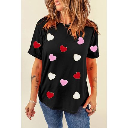 Black Valentines Chenille Heart Patched Pattern Crewneck Tee