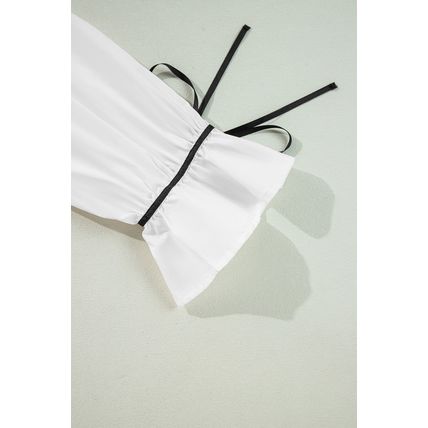 White Black Pipping Ribbon Bowtie Collared Ruffled Puff Sleeve Shirt