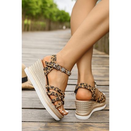 Chestnut Rhinestone Flower Decor Leopard Strappy Wedge Sandals