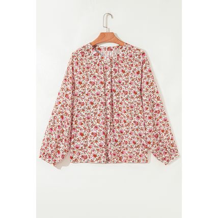 Red Floral Print Pleated Detail Notched Neck Puff Sleeve Blouse