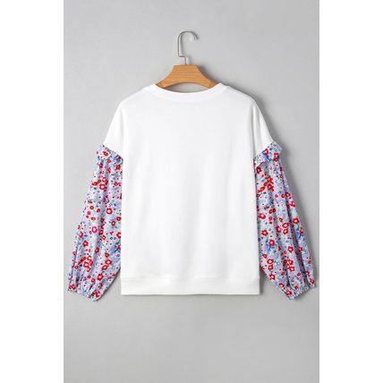 White Floral Ruffled Balloon Sleeve Patchwork Loose Blouse