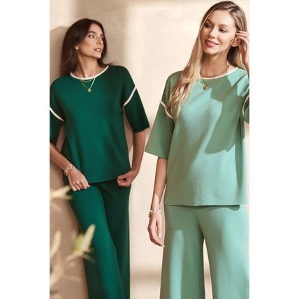 Canton Contrast Trim Half Sleeve Top Drawstring Pants Loose 2pcs Sweater Suit