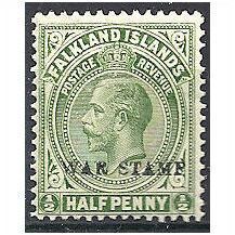 Falkland Islands 1918 SG70a 1/2d Yellow-Green WAR STAMP Mounted Mint ..