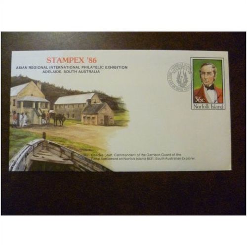 Norfolk Island 1986 Stampex 86 pre stamped FDC Charles Sturt explorer cover