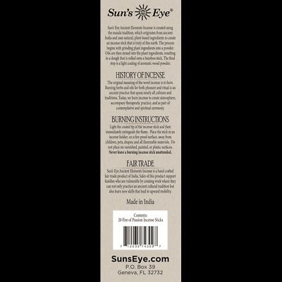 Fire of Passion, Ancient Elements, 20 Natural Incense Sticks, Sun's Eye