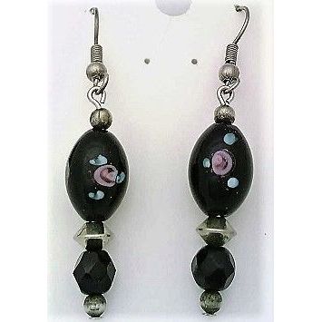Black Floral Glass Bead Dangle Earrings