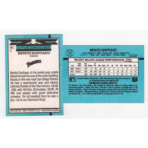 Two 1988 Donruss Benito Santiago cards #114, Diamond Kings #3