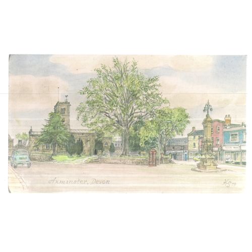 AXMINSTER, DEVON used postcard 1984 postmark from painting by Harold Sheild =