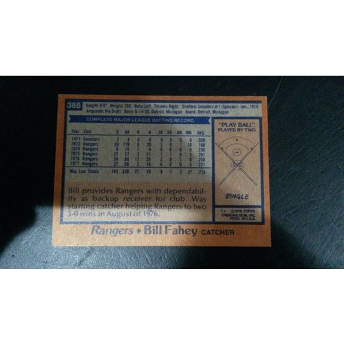 1978 Topps Card # 388 Bill Fahey Autograph 201610031152 Texas Rangers