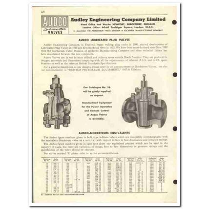 Audley Engineering Company Ltd 1959 vintage oil gas catalog plug valve