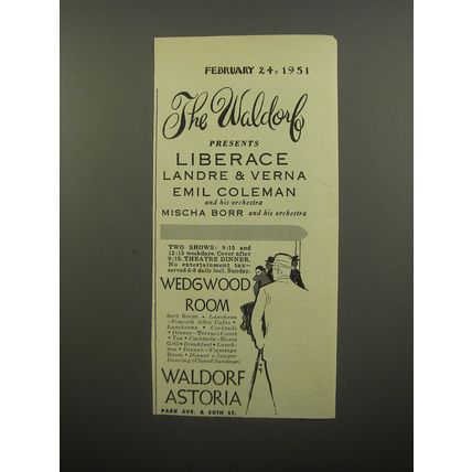 1951 Waldorf Astoria Hotel Ad - Liberace Landre & Verna Emil Coleman