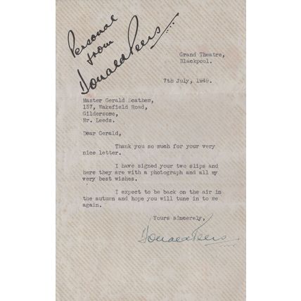 Donald Peers Old Blackpool 1969 Double Hand Signed Letter