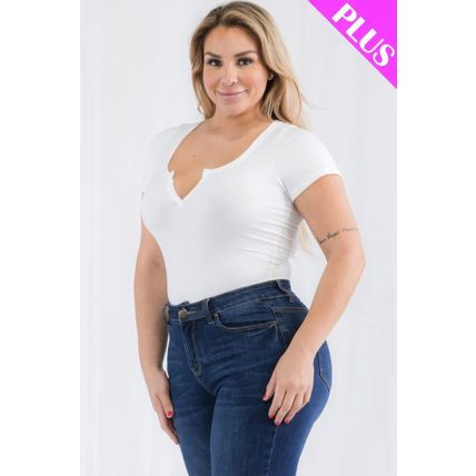 Plus Size Casual Split Neck Solid Short Sleeve Bodysuit